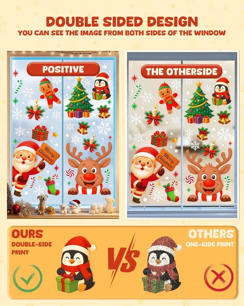 JMHACHY Christmas Window Clings - 9 Sheets 162 Pcs Cute Xmas Decorations for Winter Holiday Home Party Santa Reindeer Snowman Gingerbread Snowflake Stickers for Glass Double-Sided Static Window Decals - Image 3